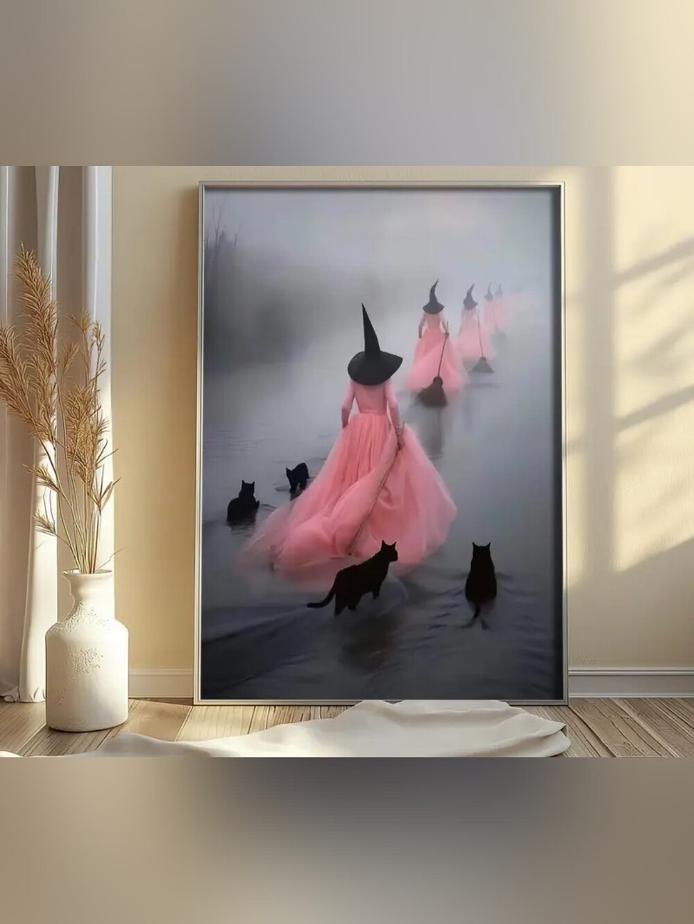 Surreal Witch Walk Art Print - Pink Gowns with Black Cats
